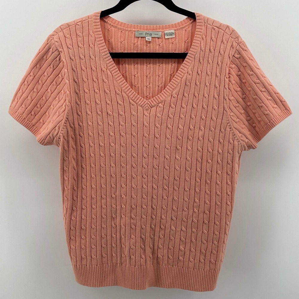 Pria Cable Knit Short Sleeve Sweater Coral XL Preppy Academia 100% Cotton‎